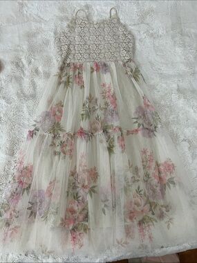 Girls Floral Lace Bodice Maxi Dress in Ivory and Pink